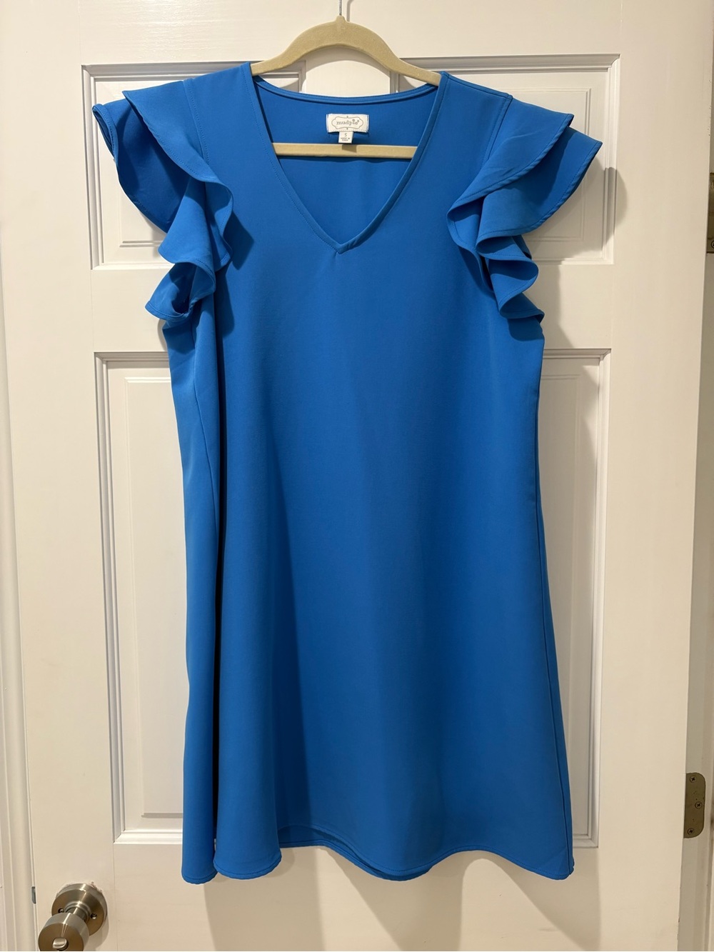 Mud Pie Bright Blue V-Neck Mini Dress with Ruffle Sleeves